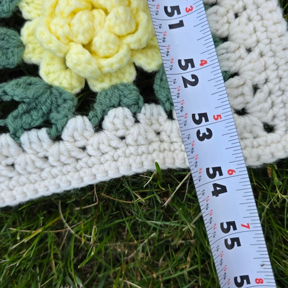 Vintage‎ Handmade Crochet Granny Square Blanket 3D Yellow Floral Flower 60x54